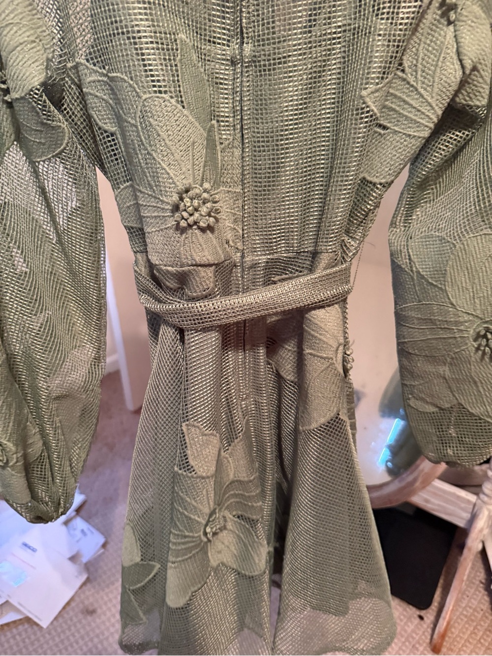Textured Floral Long-Sleeve Belted Dress in Sage Green